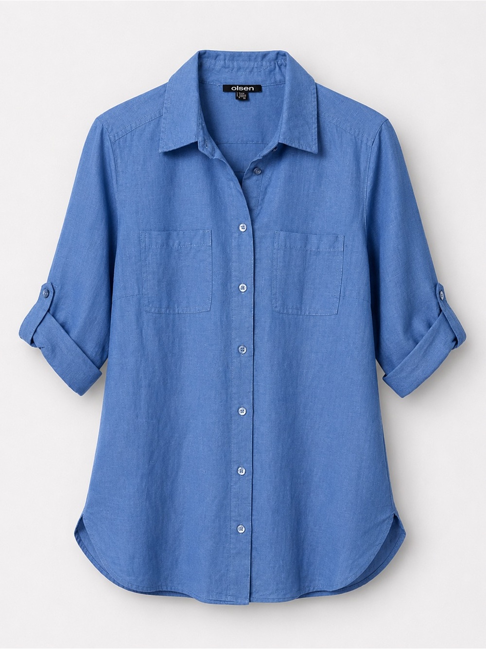 Olsen Cotton/ Linen Blend Roll-Tab Button-Up Shirt in Baby Blue- Size M